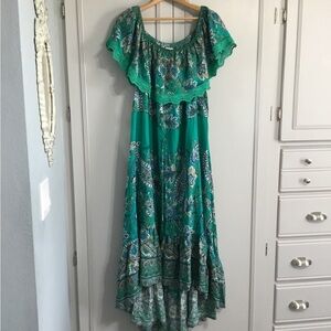 AVEOLOGY Off Shoulder Ruffled Hi Low Dress Floral Paisley Boho Print size 20